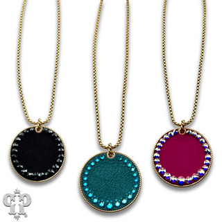 Leather disc necklace with Austrian crystals