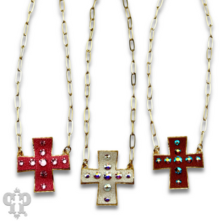 Leather cross necklace with Austrian crystals