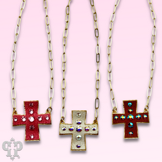 Leather cross necklace with Austrian crystals