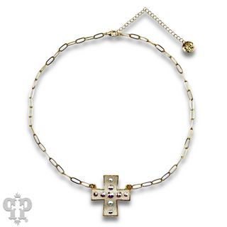 Leather cross necklace with Austrian crystals