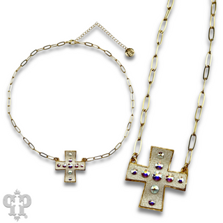 Leather cross necklace with Austrian crystals