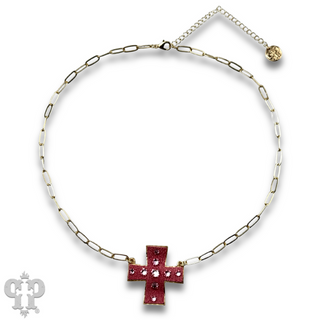 Leather cross necklace with Austrian crystals