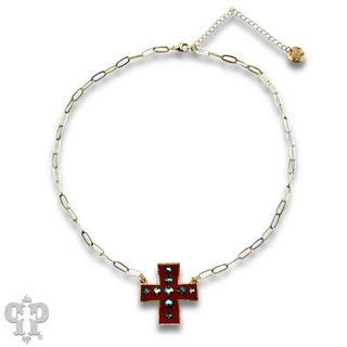 Leather cross necklace with Austrian crystals