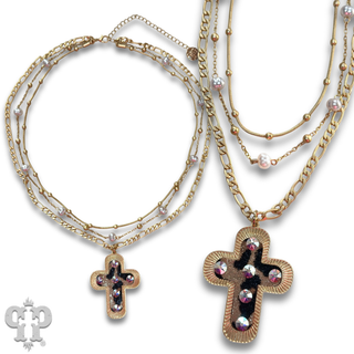 Leather inlay cross necklace with Austrian crystal