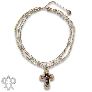 Leather inlay cross necklace with Austrian crystal