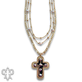 Leather inlay cross necklace with Austrian crystal