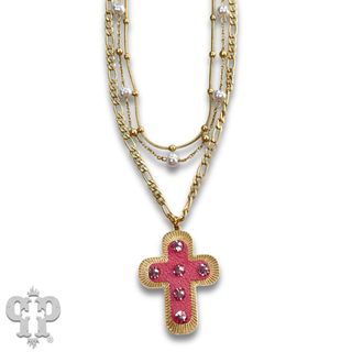 Leather inlay cross necklace with Austrian crystal