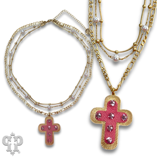 Leather inlay cross necklace with Austrian crystal