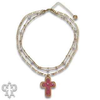 Leather inlay cross necklace with Austrian crystal