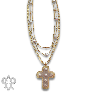 Leather inlay cross necklace with Austrian crystal