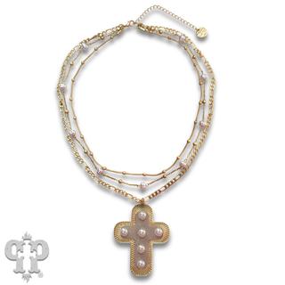 Leather inlay cross necklace with Austrian crystal