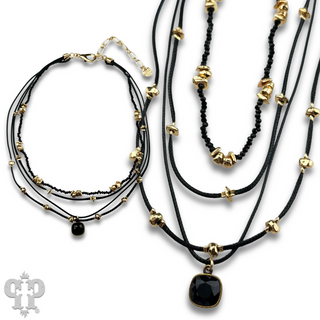 Waxed cord and bead necklace with Austrian crystal