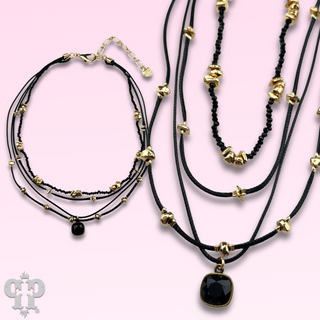 Waxed cord and bead necklace with Austrian crystal