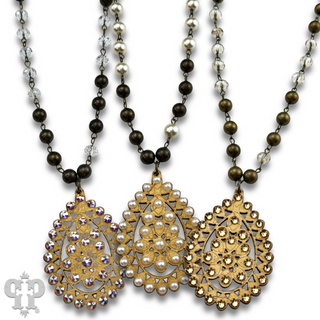 Linked bead necklace with Austrian crystal Santa Fe teardrop pendant