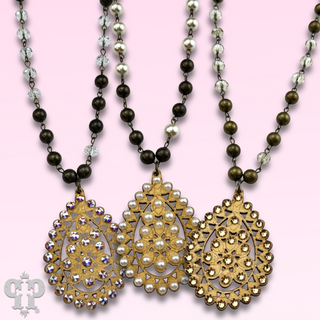 Linked bead necklace with Austrian crystal Santa Fe teardrop pendant