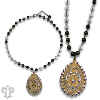 Linked bead necklace with Austrian crystal Santa Fe teardrop pendant