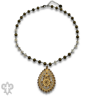 Linked bead necklace with Austrian crystal Santa Fe teardrop pendant