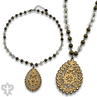 Linked bead necklace with Austrian crystal Santa Fe teardrop pendant