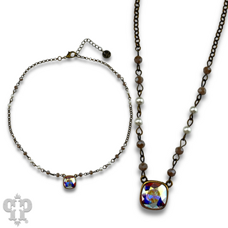 Linked bead necklace with Austrian crystal pendant