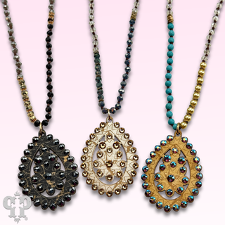 Santa Fe teardrop with Austrian crystals on long necklace