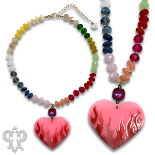 Multi-color bead necklace with large heart charm and Austrian crystal