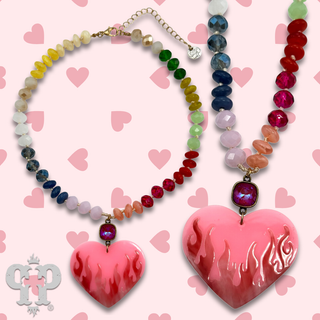 Multi-color bead necklace with large heart charm and Austrian crystal