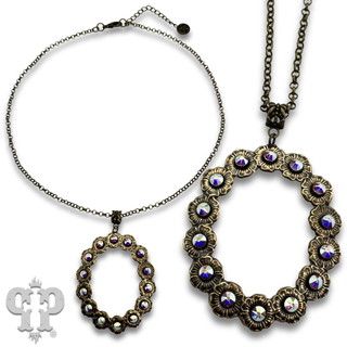 Open oval pendant necklace with rhinestone or pearl accents