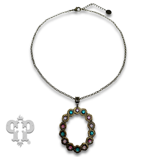 Open oval pendant necklace with rhinestone or pearl accents