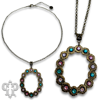 Open oval pendant necklace with rhinestone or pearl accents