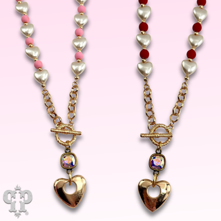 Faux pearl heart necklace with Austrian crystal