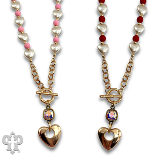 Faux pearl heart necklace with Austrian crystal