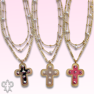 Leather inlay cross necklace with Austrian crystal