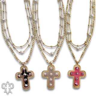 Leather inlay cross necklace with Austrian crystal