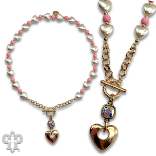 Faux pearl heart necklace with Austrian crystal