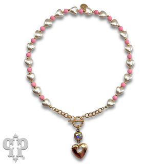 Faux pearl heart necklace with Austrian crystal