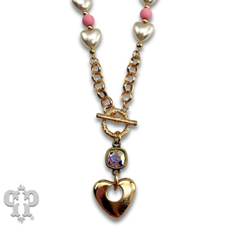 Faux pearl heart necklace with Austrian crystal