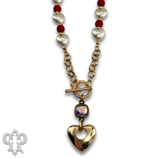 Faux pearl heart necklace with Austrian crystal