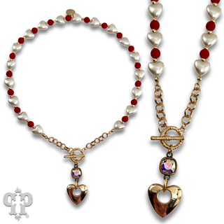 Faux pearl heart necklace with Austrian crystal