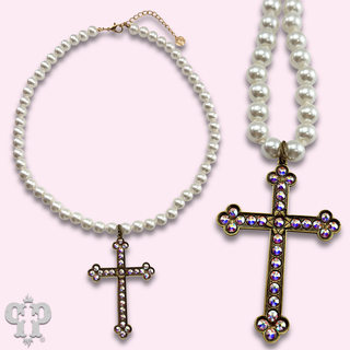 Large gold cross on pearl necklace with Austrian crystals