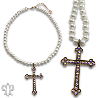 Large gold cross on pearl necklace with Austrian crystals