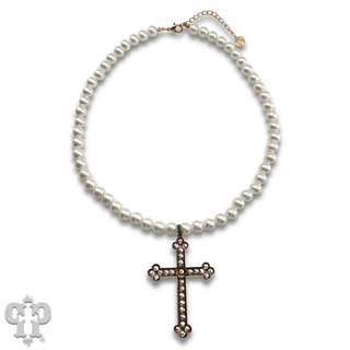 Large gold cross on pearl necklace with Austrian crystals
