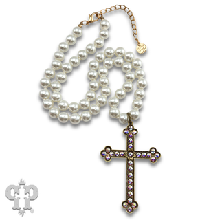 Large gold cross on pearl necklace with Austrian crystals