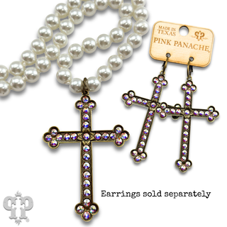 Large gold cross on pearl necklace with Austrian crystals