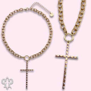 Gold cross chain necklace with Austrian crystals