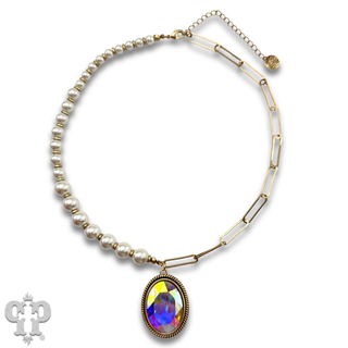 Large oval rhinestone pearl bead necklace