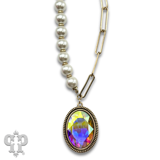 Large oval rhinestone pearl bead necklace