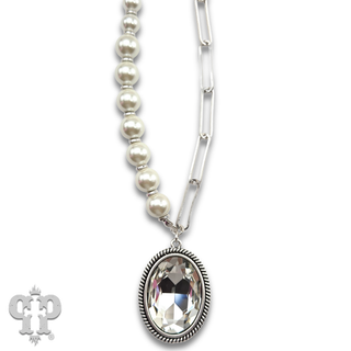Large oval rhinestone pearl bead necklace