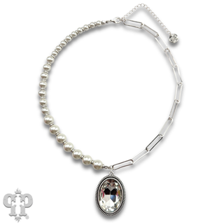Large oval rhinestone pearl bead necklace
