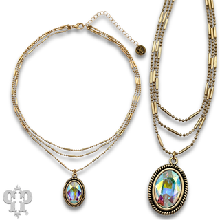 Three strand chain necklace with oval rhinestone pendant