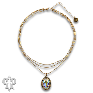 Three strand chain necklace with oval rhinestone pendant